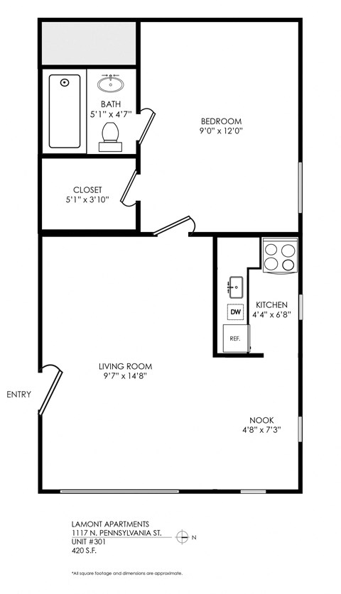 Floor plan for 1 bed, 1 bath, 420 sqft
